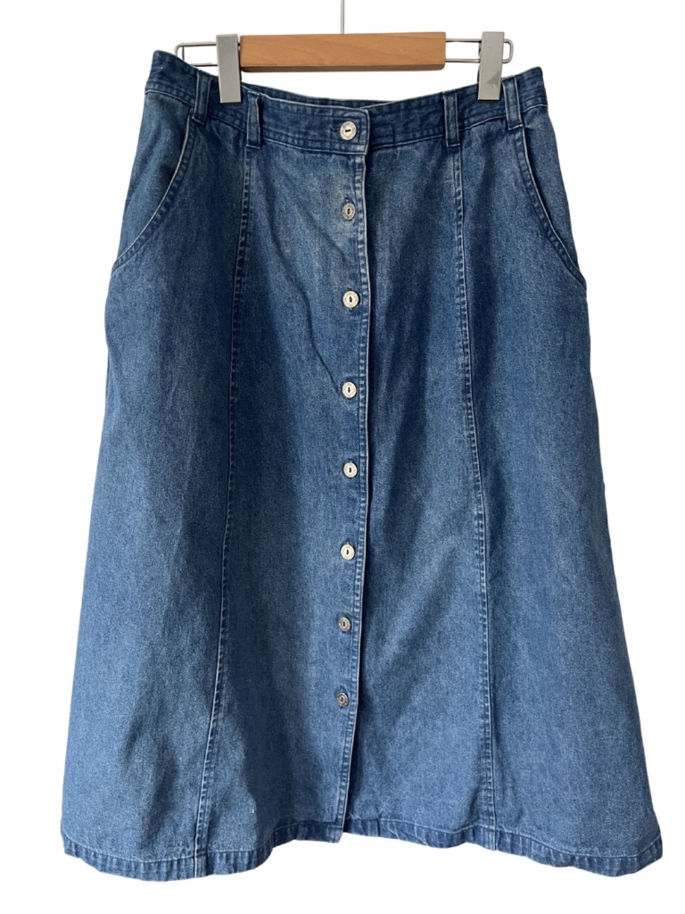 Vintage 90s Denim Midi Skirt | Button Front | A-Line - Picture 3 of 9